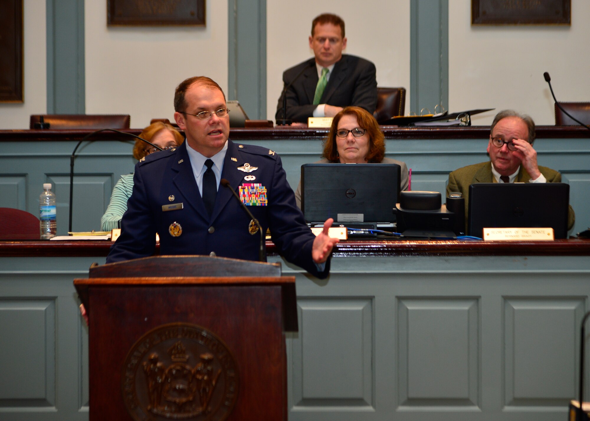 Col. Rick Moore, 436th Airlift Wing commander, speaks to the Delaware State Senate April 29, 2014, in Dover, Del. Col. Moore was invited to speak to the senate about the resolution to make April 30, 2014, a day of recognition of the military child. (U.S. Air Force photo/Airman 1st Class William Johnson)
