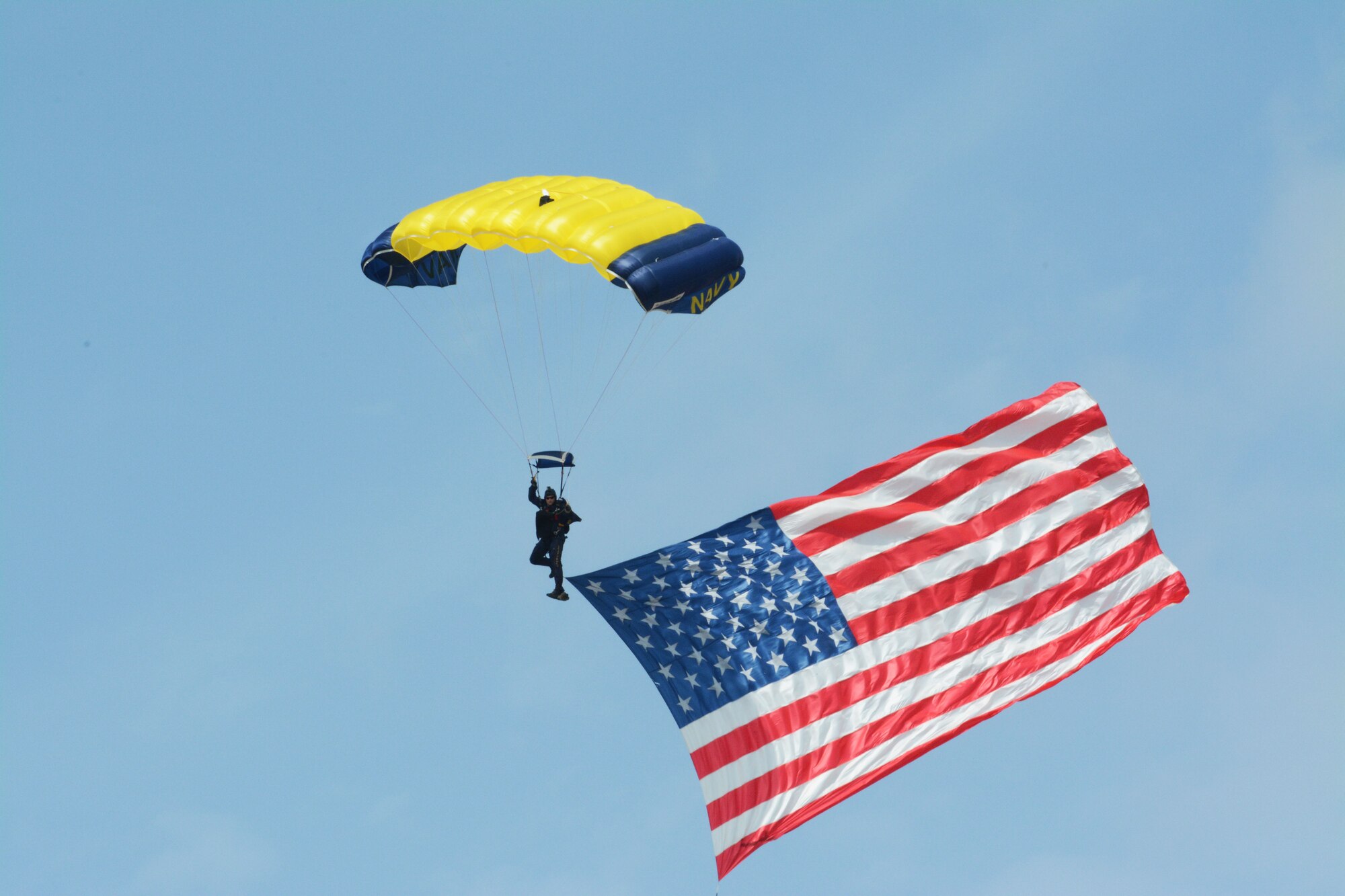 The Navy Blue Angels and the Navy Parachute Team Leap Frogs show their presence during the 2014 Air Power Expo at Naval Air Station Fort Worth Joint Reserve Base, Texas. Saturday's total attendance was a single-day air show record for NAS Fort Worth JRB. (U.S. Air Force photo/Staff Sgt. Samantha Mathison)