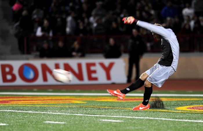 Sacramento Republic FC goalie Dominik Jakubek, advances a ball during the teams inaugural home game at Hughes Stadium in Sacramento, Calif., April 26, 2014. The newly formed team is a part of the United Soccer Leagues’ Men’s Professional Soccer. (U.S. Air Force photo by Staff Sgt. Robert M. Trujillo/Released)