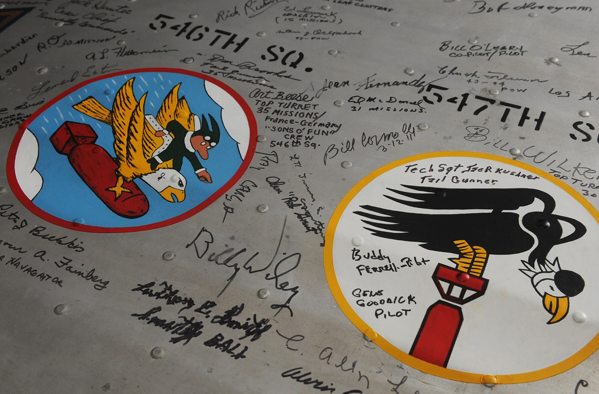 Pictured is a panel from the wing of an old B-17 bomber, the aircraft the 384th Bomb Group flew during World War II. The 384th Bomber Group Inc., the official veteran’s association for the 384th, owns the panel and is shipping it around the country in an attempt to get signatures from the unit’s surviving members. (U.S. Air Force photo by Alex R. Lloyd)