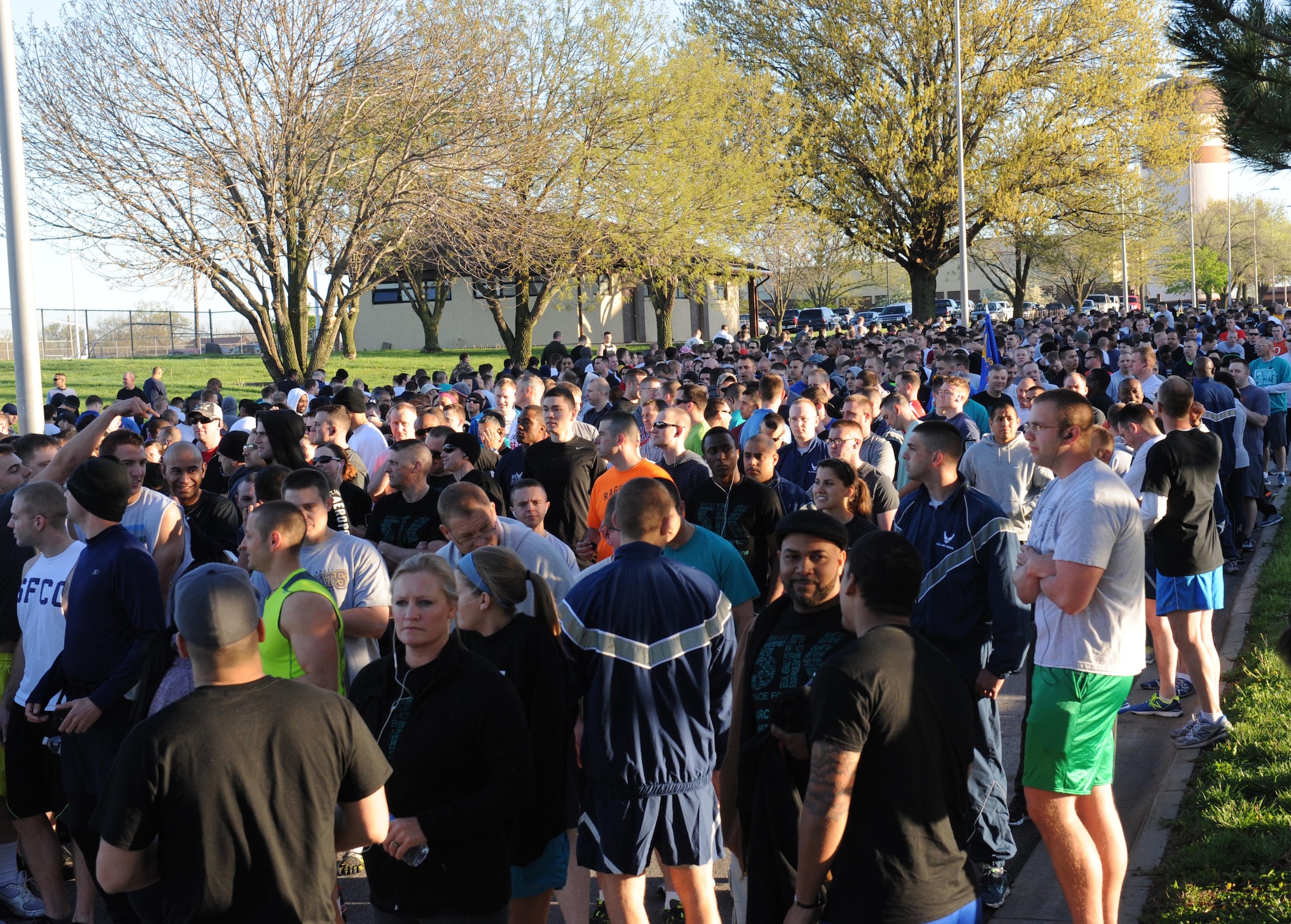 Runners gather at the starting line of the 5K Race for Respect at Whiteman Air Force Base, Mo., April 25, 2014. More than half of team Whiteman participated in the race. (U.S. Air Force photo by Airman 1st Class Joel Pfiester/Released)