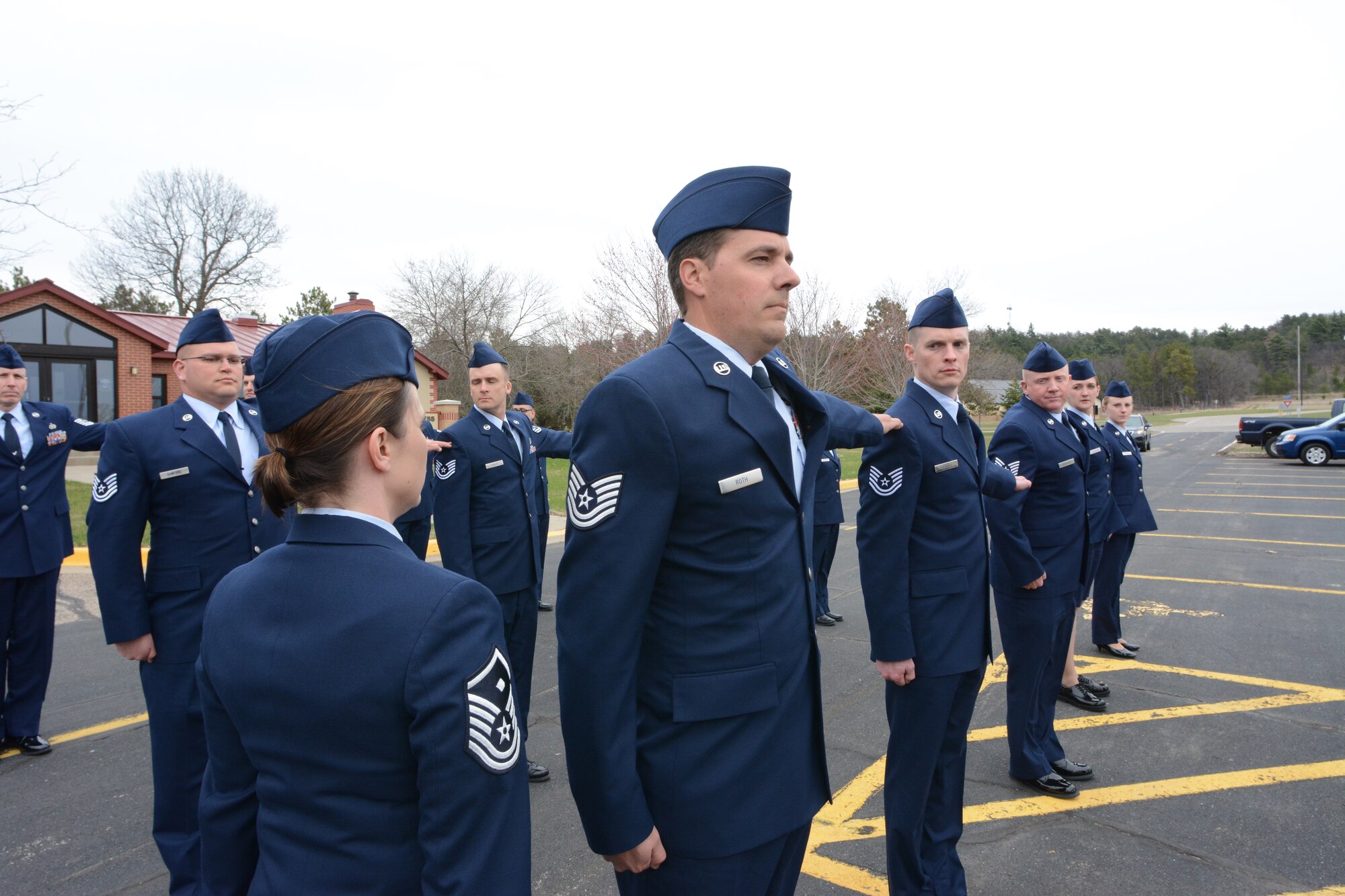 Airmen who attended the State Enlisted Development Program participate in an open ranks inspection at Volk Field Air National Guard Base, Wis., April 23, 2014. This was the first time all Wisconsin ANG Airmen were invited to complete the course as a single unit. (Air National Guard photo by Senior Airman Andrea F. Liechti)