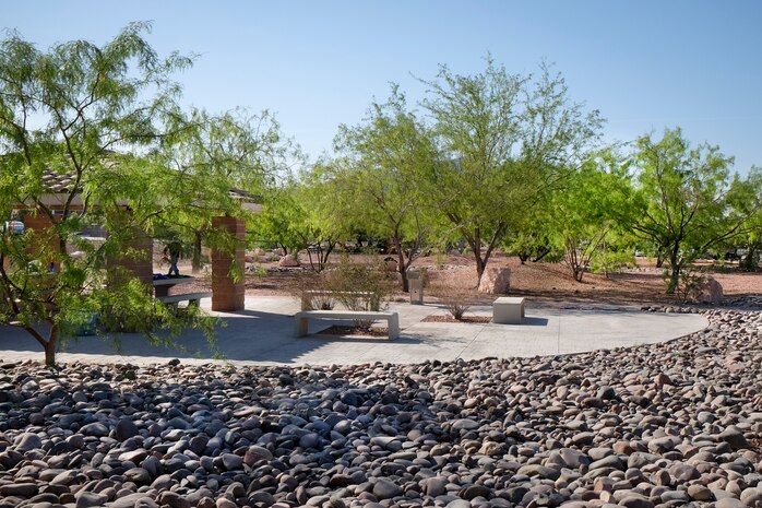 The Maj. Gen. Billy McCoy Environmental Grove is located on Ellsworth Avenue near the Nellis Air Force Base north gate and offers walking paths, picnic tables and barbecue pits for base members’ enjoyment. During the Earth Day cleanup volunteers pruned bushes, picked up fallen leaves and branches. (U.S. Air Force photo by Lorenz Crespo)