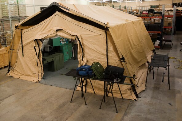 The exterior of an Utilis Air Transportable Clinic tent assembled during an Air Force unit type code evaluation April 24, 2014 at Nellis Air Force Base, Nev. The 99th Medical Support Squadron took part in an AF pilot program to evaluation the ATC for world-wide contingencies, disasters or emergencies. (U.S. Air Force photo by Airman 1st Class Timothy Young)