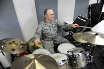 Tech. Sgt. Chad Newman, Top Flight NCO in charge and percussionist, rehearses Feb. 13 at Joint Base San Antonio-Lackland for upcoming performances. (U.S. Air Force photo by Airman 1st Class Alexandria Slade)