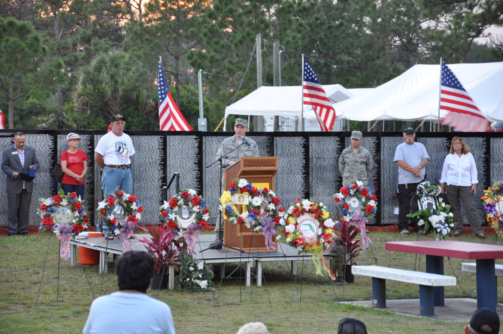 Col. Patrick Donley, 45th Mission Support Group commander, speaks at the opening ceremony of the Traveling Vietnam Memorial Wall during the 27th Annual Florida Vietnam and All Veterans Reunion at Wickham Park in Melbourne, Fla. April 28. The public is invited to visit the traveling wall until May 4 from 10:30 a.m. to 9 p.m. For more information visit, www.floridaveteransreunion.com. (U.S. Air Force photo/Capt. Erin Dorrance)