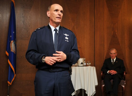 Maj. Gen. Jim Keffer (left), U.S. Cyber Command Chief of Staff, speaks at his father’s retirement ceremony April 25, 2014, at Ramstein Air Base, Germany. Robert Keffer retired after serving 57 years of service. Until his retirement, Keffer had been the Plans Programs and Resources chief to the 86th Communications Squadron, the largest communications squadron within the U.S. Air Force. He supported a major command, one numbered Air Force, three wings and 125 associated units. (U.S. Air Force photo/Senior Airman Hailey Haux)