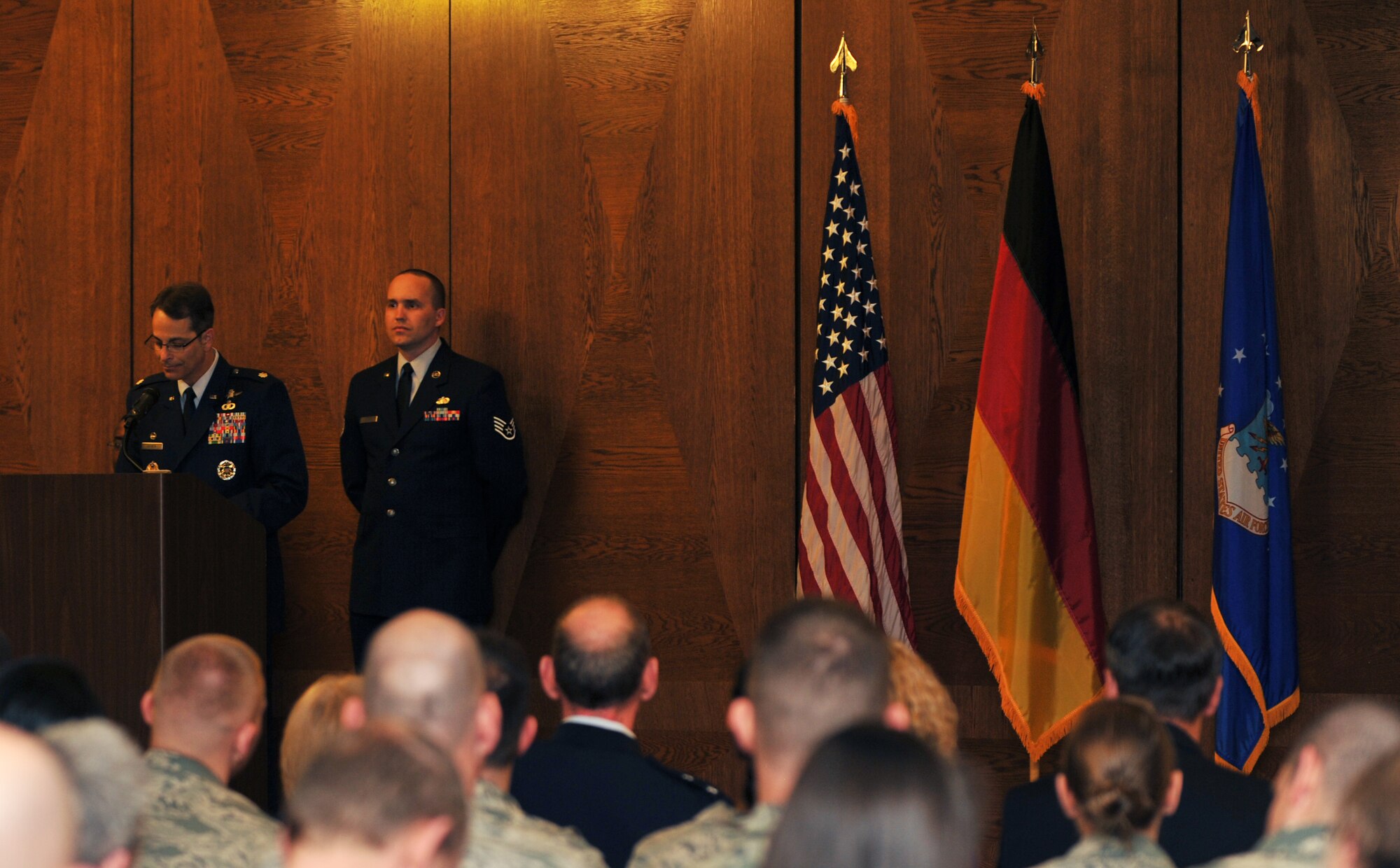 Lt. Col. John Zapata, 86th Communications Squadron commander, gives remarks during a retirement ceremony for Robert Keffer April 25, 2014, at Ramstein Air Base. Keffer retired after serving 57 years of service. Until his retirement, Keffer had been the Plans Programs and Resources chief to the 86th Communications Squadron, the largest communications squadron within the U.S. Air Force. He supported a major command, one numbered Air Force, three wings and 125 associated units. (U.S. Air Force photo/Senior Airman Hailey Haux)