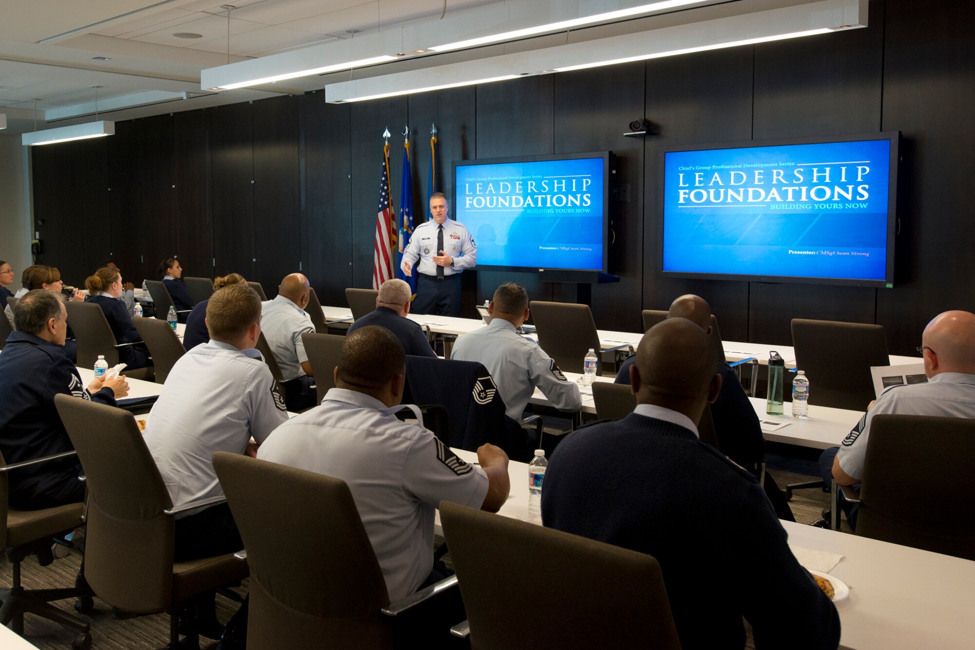 Chief Master Sergeant Sean L. Strong, Air National Guard Recruiting and Retention Career Functional Manager addresses enlisted Airmen during a professional development leadership forum April 17, 2014 at Joint Base Andrews, Md. The ANG Chief's Group provides mentoring and leadership training opportunities through quarterly classes. (U.S. Air National Guard photo by Master Sgt. Marvin R. Preston/Realeased)