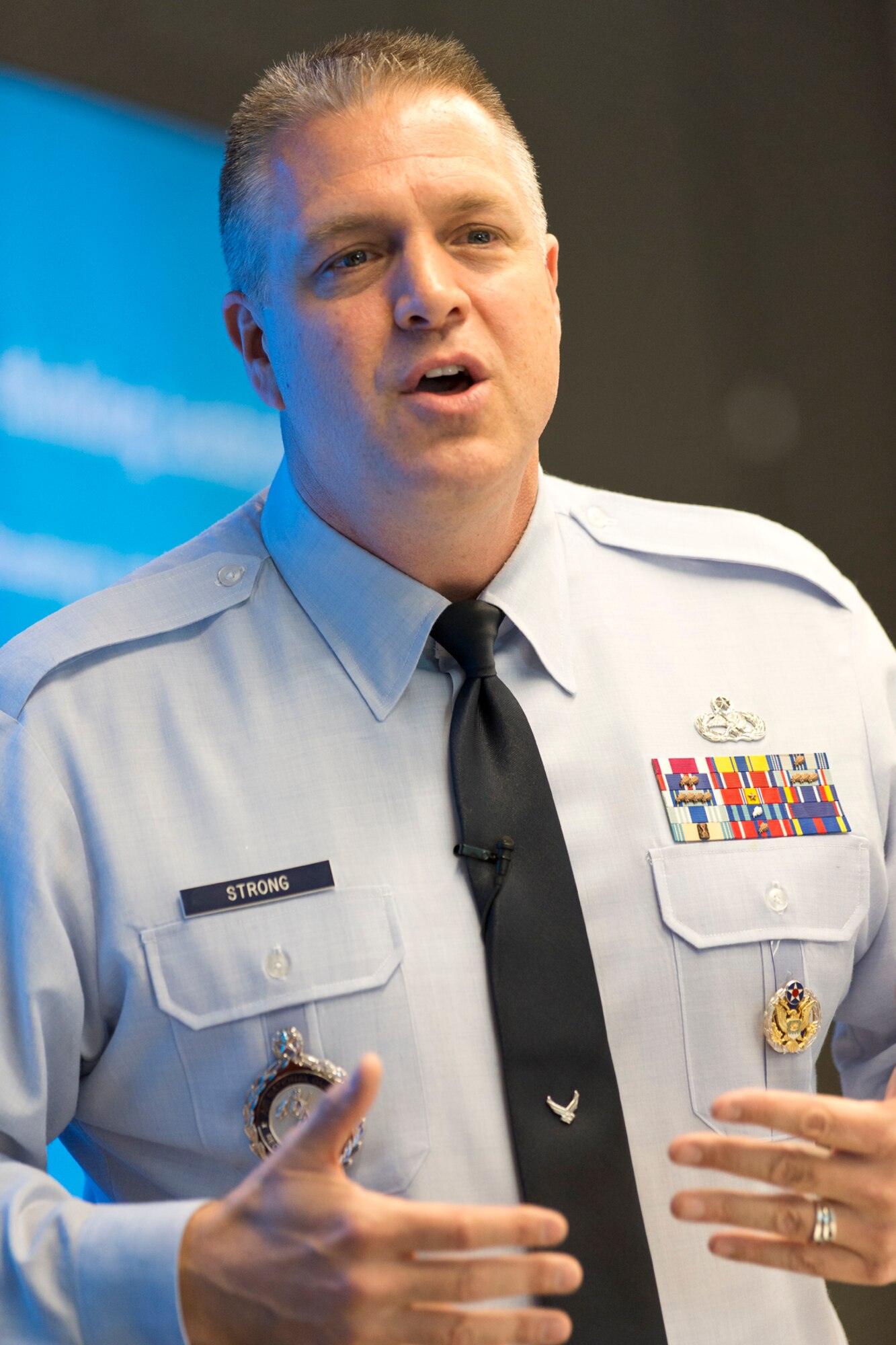 Chief Master Sergeant Sean L. Strong, Air National Guard Recruiting and Retention Career Functional Manager addresses enlisted Airmen during a professional development leadership forum April 17, 2014 at Joint Base Andrews, Md. The ANG Chief's Group provides mentoring and leadership training opportunities through quarterly classes. (U.S. Air National Guard photo by Master Sgt. Marvin R. Preston/Realeased)