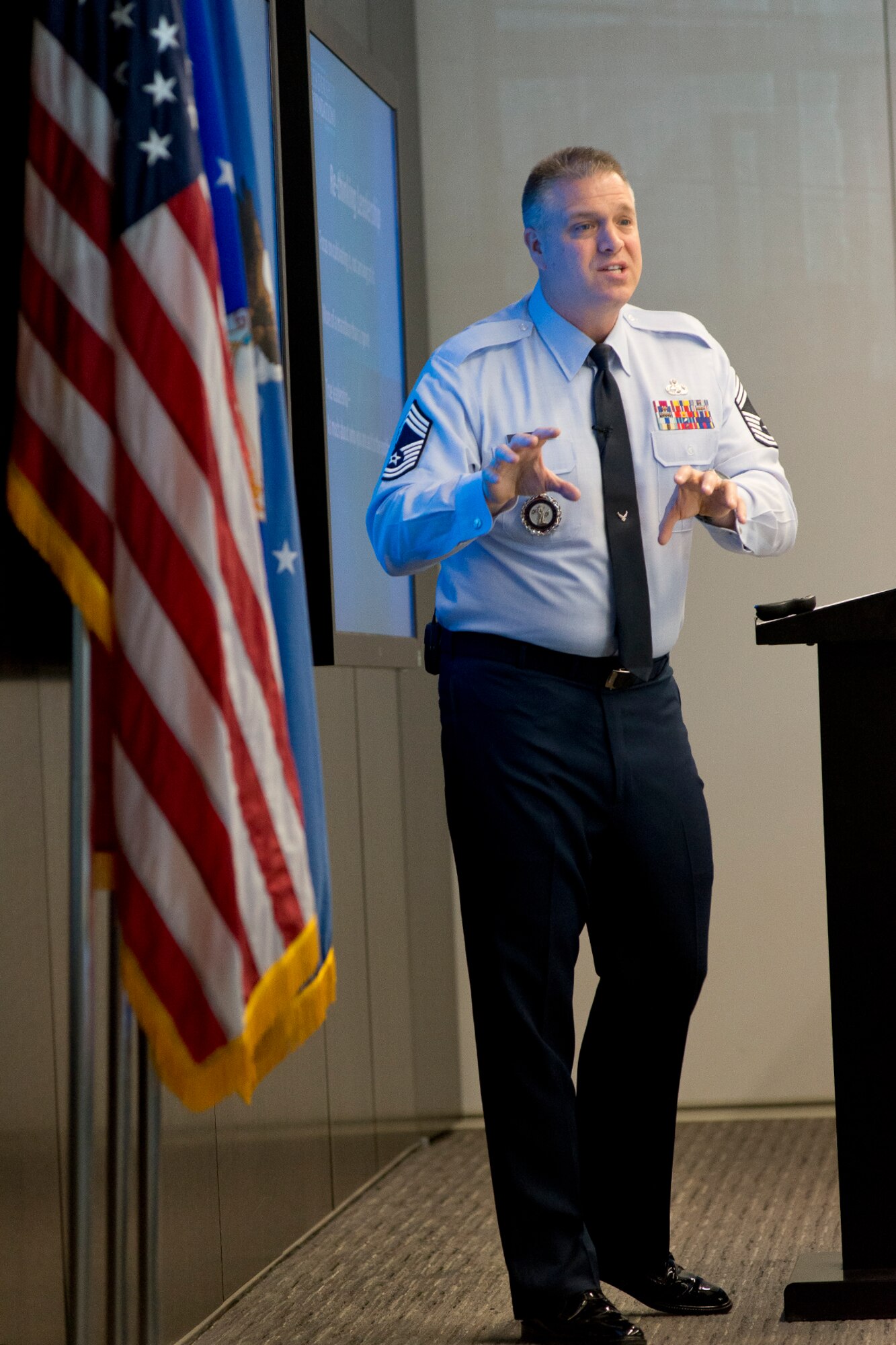 Chief Master Sergeant Sean L. Strong, Air National Guard Recruiting and Retention Career Functional Manager addresses enlisted Airmen during a professional development leadership forum April 17, 2014 at Joint Base Andrews, Md. The ANG Chief's Group provides mentoring and leadership training opportunities through quarterly classes. (U.S. Air National Guard photo by Master Sgt. Marvin R. Preston/Realeased)