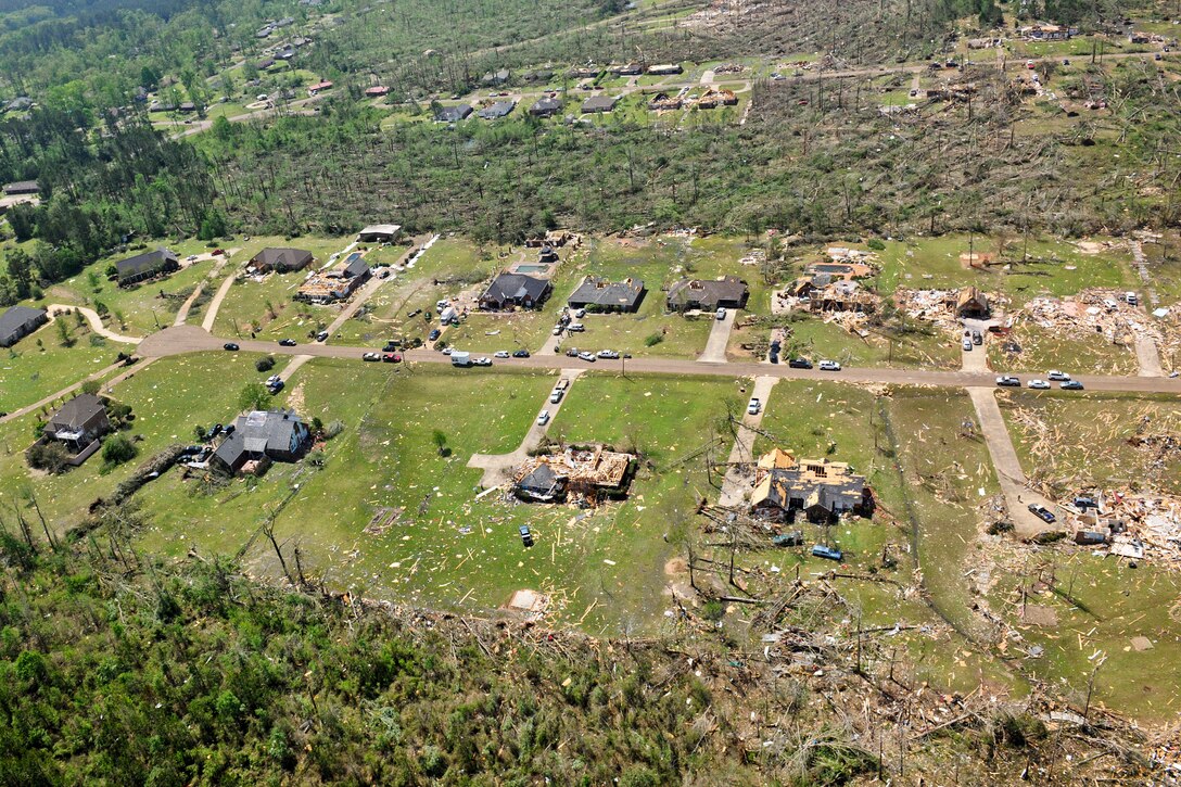 An aerial view shows tornado damage in Louisville, Miss., April 29, 2014, where about 50 Mississippi Guardsmen responded to help.