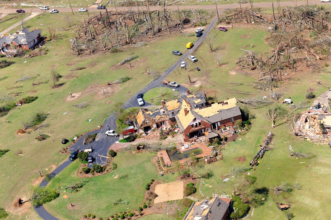 An aerial view shows tornado damage to a home in Louisville, Miss., April 29, 2014, where about 50 Mississippi Guardsmen responded to help.
