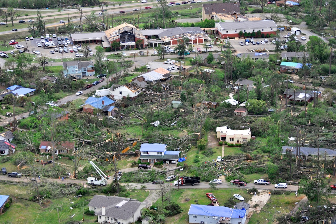 An aerial view shows tornado damage to St. Luke United Methodist Church and the surrounding residential neighborhood in Tupelo, Miss., April 29, 2014.