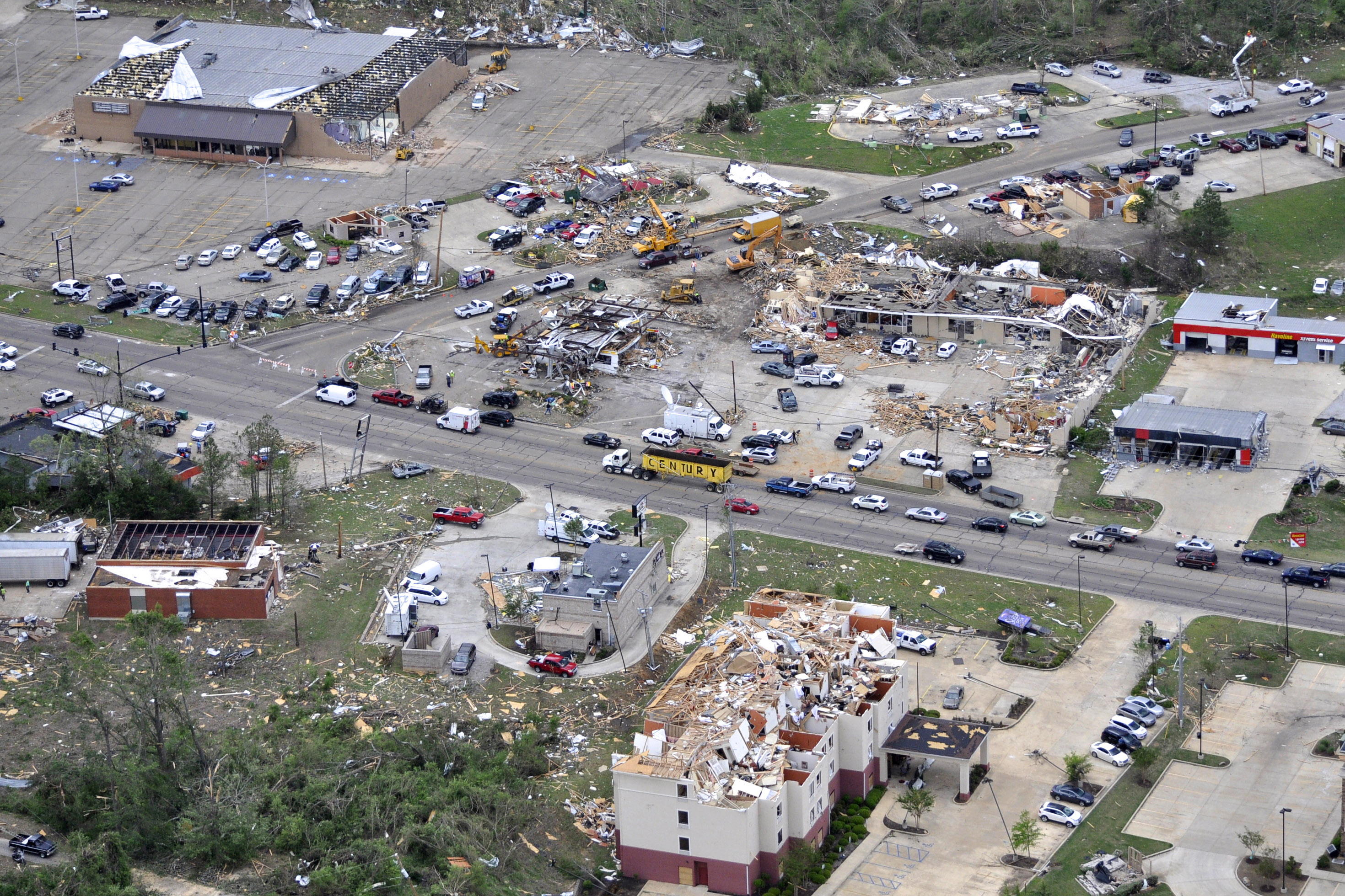 An aerial view shows tornado damage at the intersection of Green and
