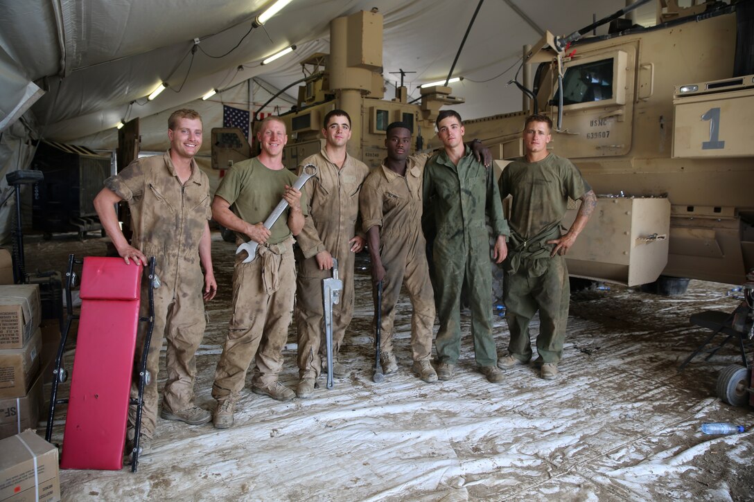 From left to right: Lance Cpl. Matthew Whitaker, Cpl. Rodney Franks, Lance Cpl. Andrew Witte, Lance Cpl. Romario Penny, Lance Cpl. Jordan Thomas, Cpl. Jacob Starnes, all motor transportation Marines with 1st Battalion, 7th Marine Regiment, take a break from conducting maintenance on Mine-Resistant Ambush Protected vehicles to pose for a photo aboard Camp Leatherneck, Afghanistan, July 22, 2014. Franks and Starnes are motor transportation operators, but assist the mechanics occasionally.
(U.S. Marine Corps photo by Cpl. Joseph Scanlan / released)
