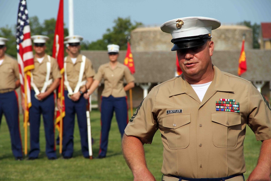 Master Sgt. Jeffery Loeffler addresses his friends, family and Marines during his retirement ceremony. Loeffler retired after having served in the Marine Corps for 27 years. Loeffler spent 15 of those 27 years in Marine Corps Recruiting Station Twin Cities. The ceremony took place July 31 aboard Historic Fort Snelling. 