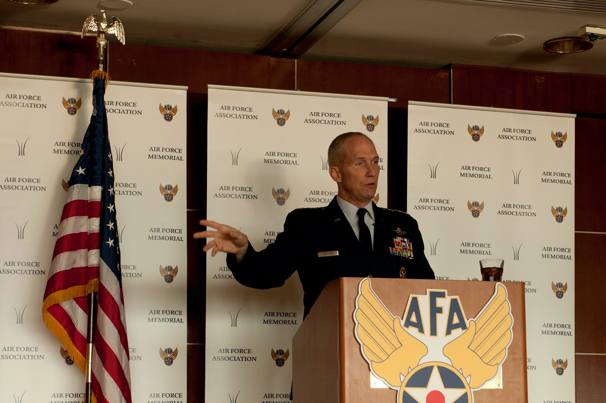 Gen. Mike Hostage speaks to Air Force Association members about maintaining mission readiness despite fiscal challenges, July 29, 2014, in Arlington, Va. The AFA engagement was a part of a breakfast series to allow senior Air Force leaders to speak to the public and media about critical issues affecting the military. Hostage is the commander of Air Combat Command. (U.S. Air Force photo/Staff Sgt. Carlin Leslie)