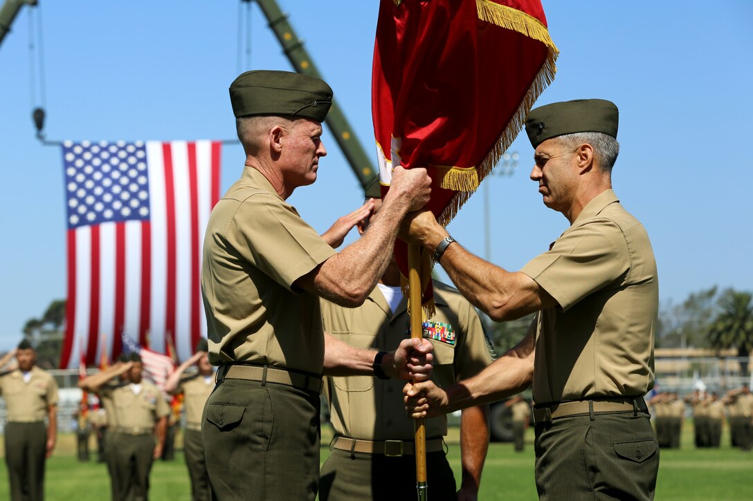 CAMP PENDLETON, Calif. - Brig. Gen. John W. Bullard relinquished command of Marine Corps Installations West and Marine Corps Base Camp Pendleton to Brig. Gen. Edward D. Banta during a Change of Command at the 11 Area Parade Field Aug. 1.

Bullard who served as commanding general here since August 2013, acting as both the commanding general for Marine Corps Base Camp Pendleton as well as commanding general for MCI-West, is retiring after 31 years of honorable and faithful military service.

Before taking command of MCI-West, Banta served as the commanding general of 2nd Marine Logistics Group in Camp Lejeune, N.C.
