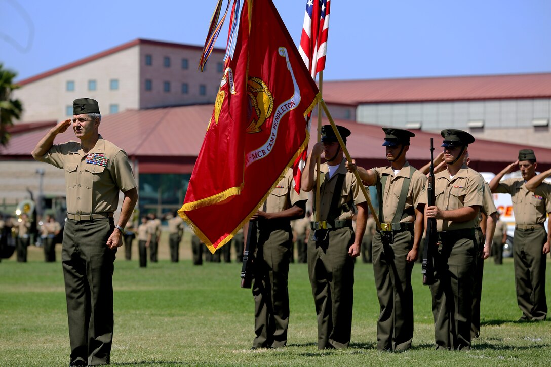 Brig. Gen. John W. Bullard relinquished command of Marine Corps Installations West and Marine Corps Base Camp Pendleton to Brig. Gen. Edward D. Banta during a Change of Command at the 11 Area Parade Field Aug. 1.

Bullard who served as commanding general here since August 2013, acting as both the commanding general for Marine Corps Base Camp Pendleton as well as commanding general for MCI-West, is retiring after 31 years of honorable and faithful military service.

Before taking command of MCI-West, Banta served as the commanding general of 2nd Marine Logistics Group in Camp Lejeune. N.C.
