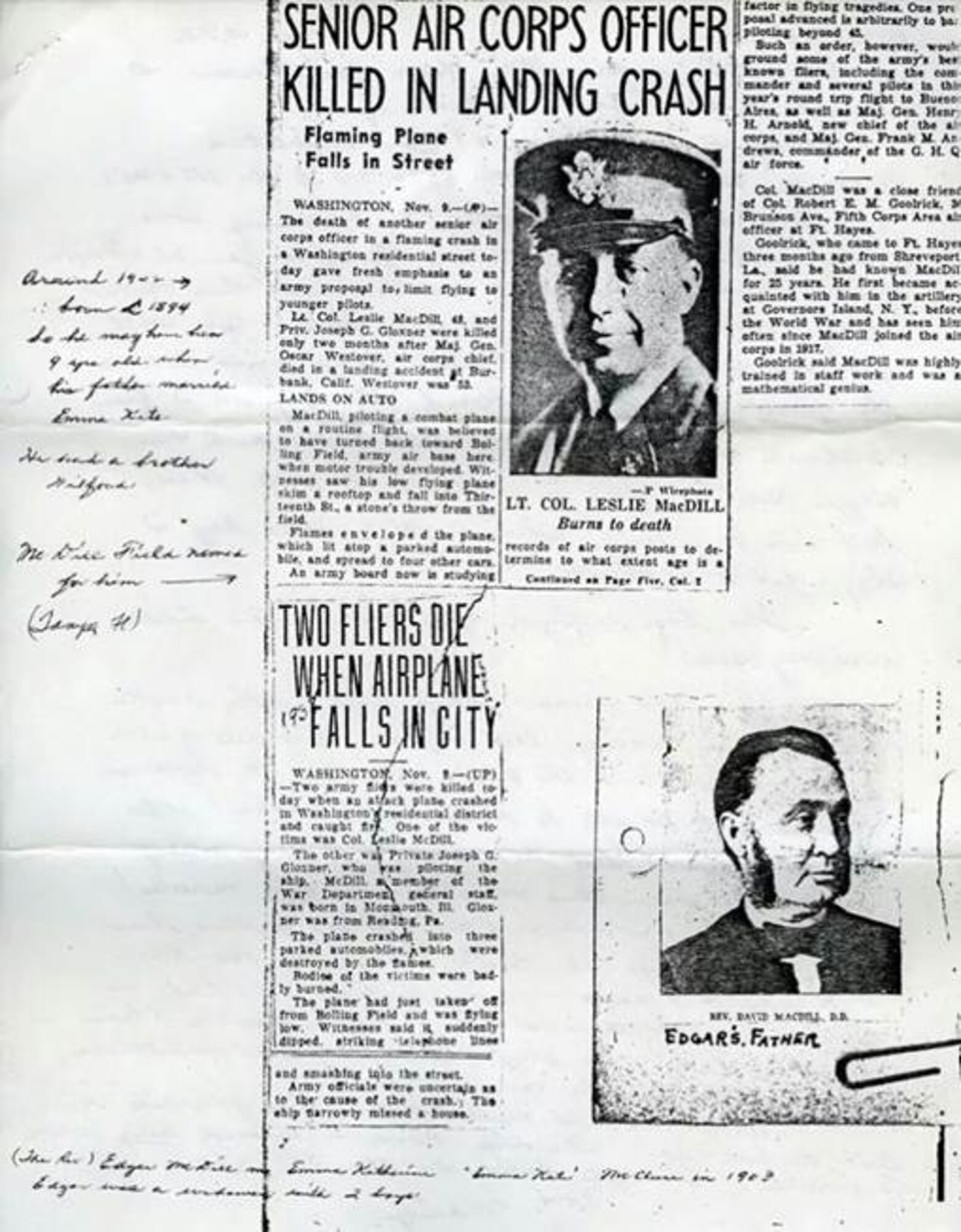 Here is a copy of the obituary after the death of Col. Leslie MacDill, U.S. Army aviation pioneer and WWI veteran. MacDill was killed in a crash while piloting a BC-1 airplane on Nov. 9, 1938 at Bolling Field, D.C. (Courtesy photo)