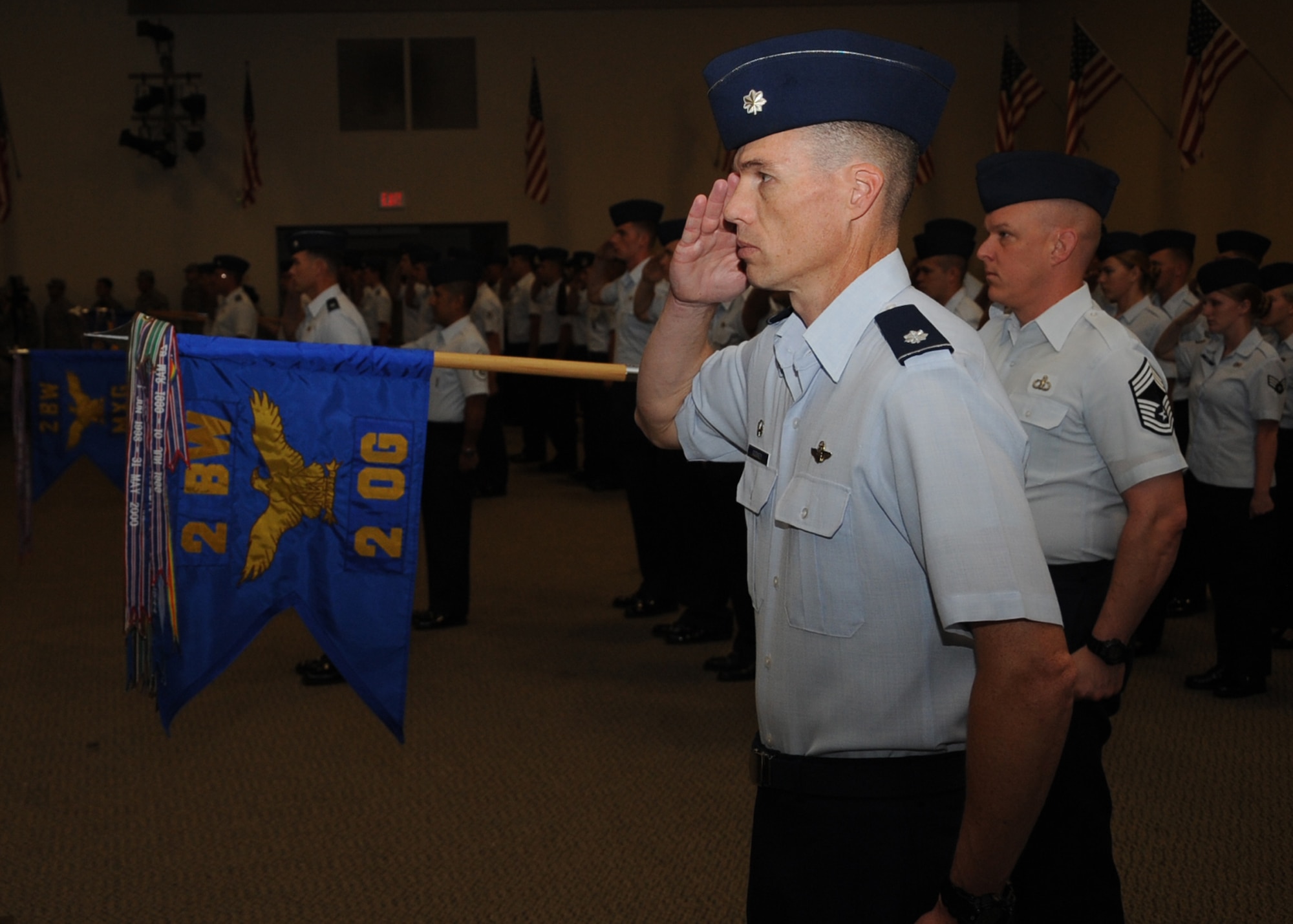 Lt Col. Douglas Gosney, 2nd Operations Group commander, salutes during the 2nd Bomb Wing change of command ceremony on Barksdale Air Force Base, La., Aug. 1, 2014. During the ceremony, Maj. Gen. Scott Vander Hamm, 8th Air Force commander passed the guidon of the 2nd BW to Col. Kristin Goodwin. (U.S Air Force photo/Staff Sgt. Sean Martin)


