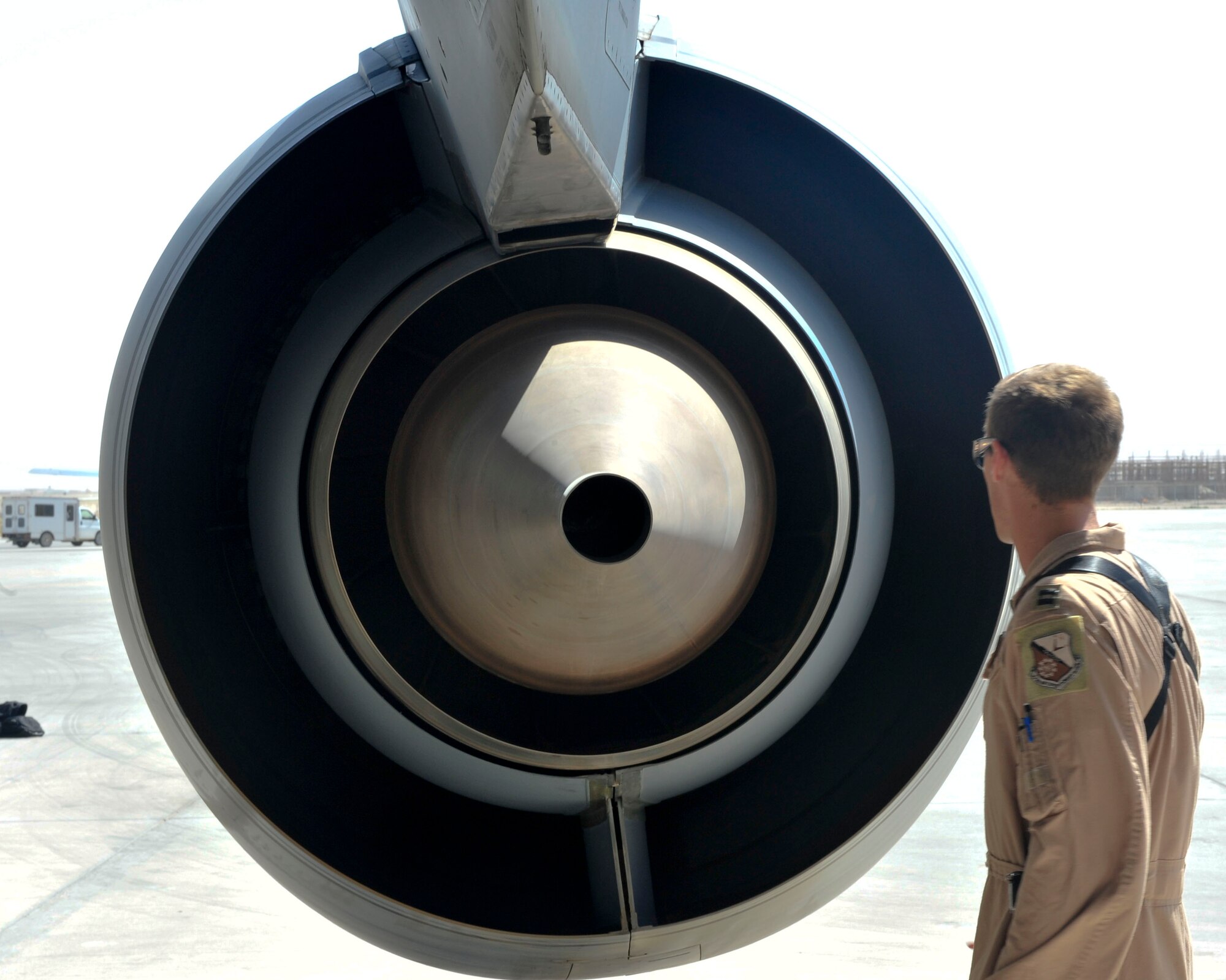 U.S. Air Force Capt. Spencer Lidel, 340th Expeditionary Air Refueling Squadron Detachment 1 KC-135 Stratotanker pilot, completes preflight checks at Mazar-i-Sharif Air field, July 24, 2014.  Det. 1 has a group of KC-135 Stratotankers, which have launched more than 400 missions, offloading 2.7 million gallons of fuel to thousands of receivers.  (U.S. Air Force photo by Senior Airman Colin Cates)