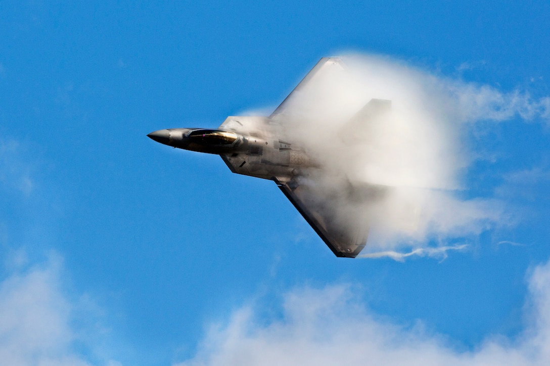 A F-22 Raptor performs a high-speed pass during the Arctic Thunder Open House on Joint Base Elmendorf-Richardson, Alaska, July 26, 2014. The base hosted the biennial event, which featured more than 40 Air Force, Army and civilian aerial acts, and was expected to draw more than 200,000 people. 