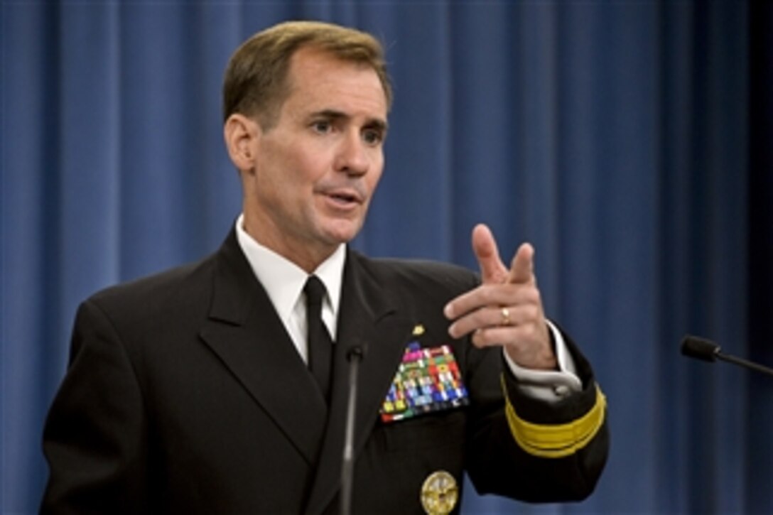 Pentagon Press Secretary Navy Rear Adm. John Kirby responds to questions from reporters at the Pentagon, Aug. 1, 2014.