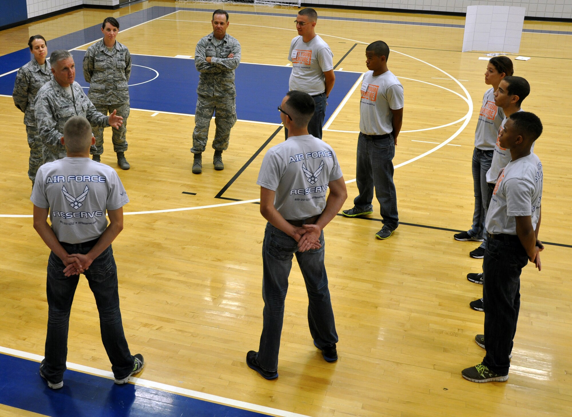 Brig. Gen. John Flournoy, 4th Air Force Commander, visits with members of the 931st Air Refueling Group Development and Training Flight, Aug. 2, 2014.  The DTF is a program designed to help future Airmen prepare for Basic Military Training and make the transition from life as a civilian to that of an Airman.  Flournoy spoke with the future Airmen about what it means to be a member of the U.S. Air Force and thanked them for their commitment to serve.  (U.S. Air Force photo by Capt. Zach Anderson)