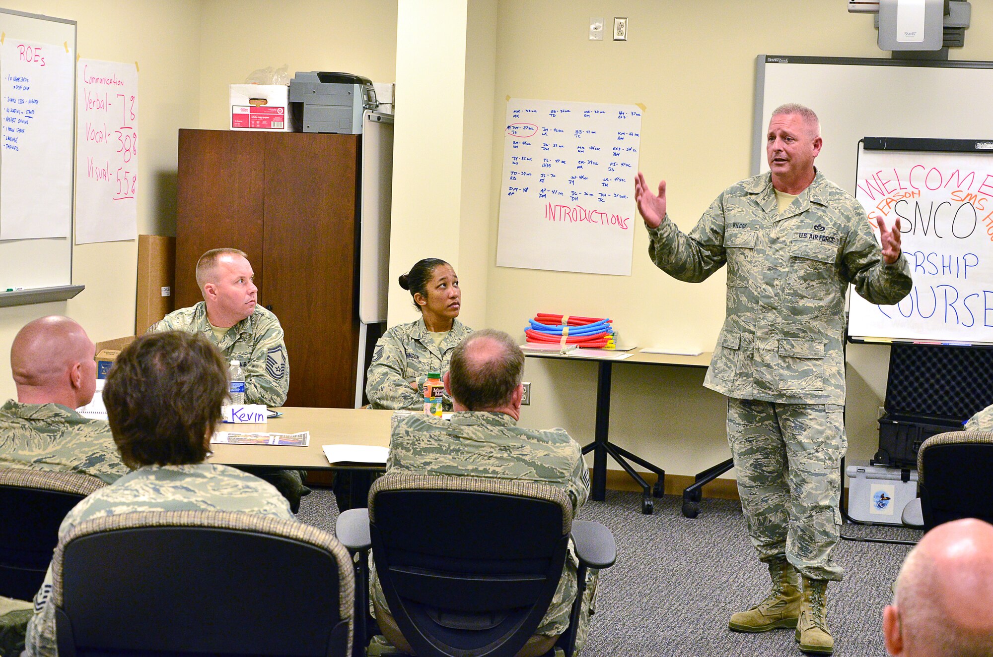 Chief Master Sgt. Lee Wilcox, 403rd civil engineer squadron manager, engages with fellow senior non-commissioned officers during a leadership development course in the Roberts Consolidated Maintenance Facility July 26-27.