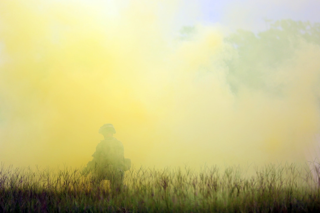 A Marine with India Company, Battalion Landing Team 3rd Battalion, 6th Marine Regiment, 24th Marine Expeditionary Unit, kneels in a smoke screen during live-fire maneuver training at Camp Lejeune, N.C., July 22, 2014. The 24th MEU is currently conducting a Realistic Urban Training exercise, their first major pre-deployment training event in preparation for their deployment at the end of the year. (U.S. Marine Corps photo by Lance Cpl. Joey Mendez)