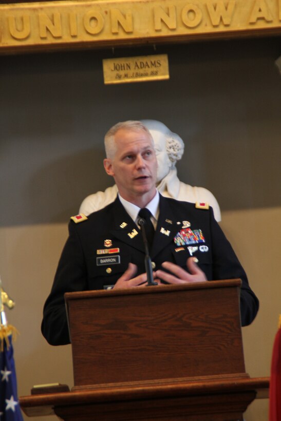 Col. Christopher Barron, addresses the audience at the New England District Change of Command Ceremony at Faneuil Hall, Boston, Mass., where he was given command as District Engineer of the U.S. Army Corps of Engineers, New England District by Brig. Gen. Kent Savre, commander, U.S. Army Corps of Engineers, North Atlantic Division, who was also the presiding officer over the ceremony.