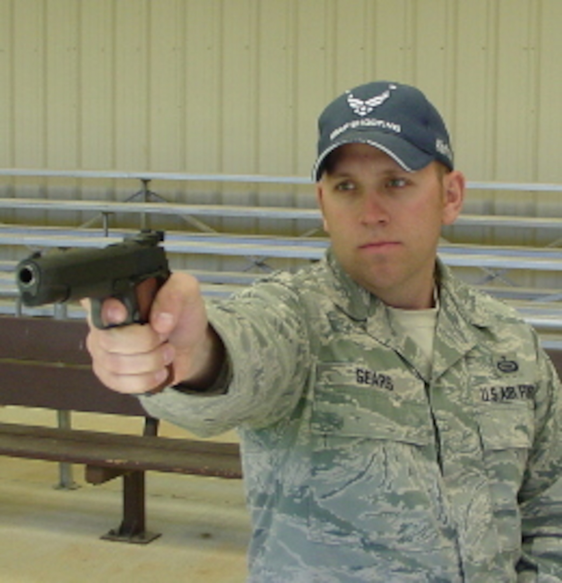 Staff Sgt. Terrence Sears, NCO in charge of the Air Force National Pistol Team, was the winner of the General Curtis LeMay Trophy, given to the top Air Force shooter at the National Pistol Championships in July 2014. (Courtesy photo)