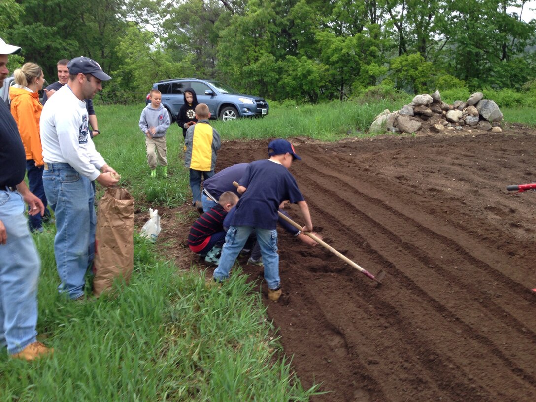 Henniker Tiger Cubs plant potatoes in the community garden.