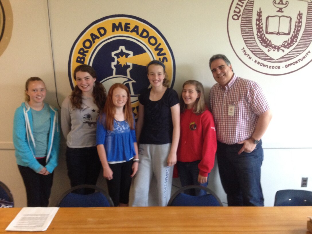 Marc Paiva (right) and the "History Girls" after their presentation on June 13, 2014. (Photo by Ron Adams, Broad Meadows Middle School Teacher)