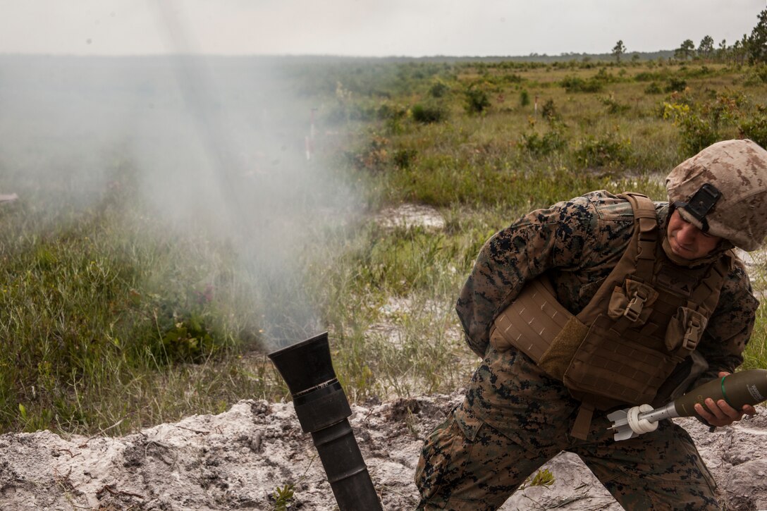 Lance Cpl. Justin T. Goedert, a mortarman with the 24th Marine Expeditionary Unit’s Ground Combat Element, Battalion Landing Team 3rd Battalion, 6th Marine Regiment, and Queens, N.Y., fires an M-252 81mm high-explosive mortar during a live-fire exercise at Camp Lejeune, N.C., July 23, 2014. The 24th MEU is currently conducting a realistic urban training exercise, their first major pre-deployment training event in preparation for their deployment at the end of the year.
