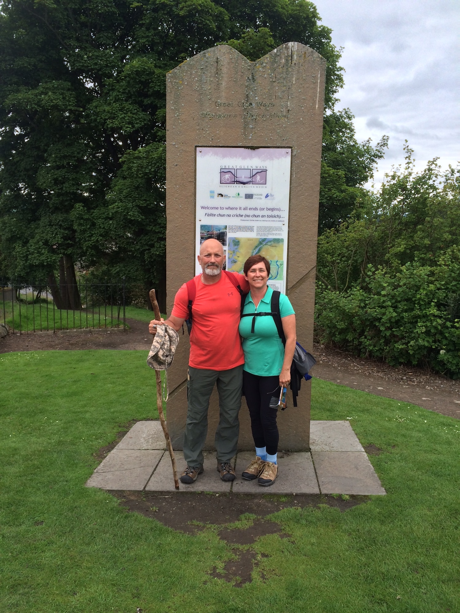 Sam and Sarah Hazzard pose in front of the Great Glen Way marker signifying the end of their 79 mile hike from Fort William to Inverness, Scotland. The couple made the trek in June as an early celebration of their 30th wedding anniversary this month. It was a “bucket list” trip they had wanted to take for more than 20 years. (Courtesy photo/Released)