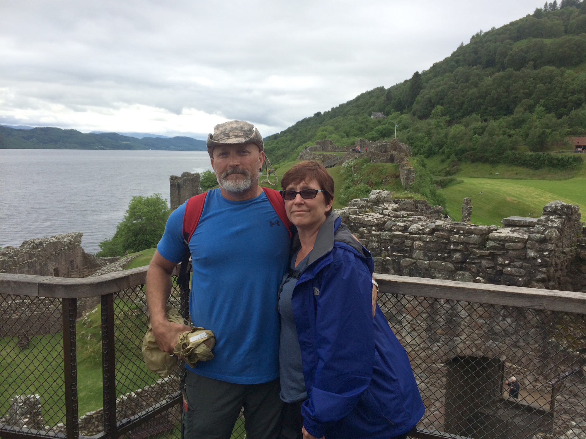 Sam and Sarah Hazzard pause for a photo at the ruins of Urquhart Caste on the shore of Loch Ness in the Scottish Highlands. The couple hiked 79 miles along the Great Glen Way in June as an early celebration of their 30th wedding anniversary this month. It was a “bucket list” trip they had wanted to take for more than 20 years. (Courtesy photo/Released)