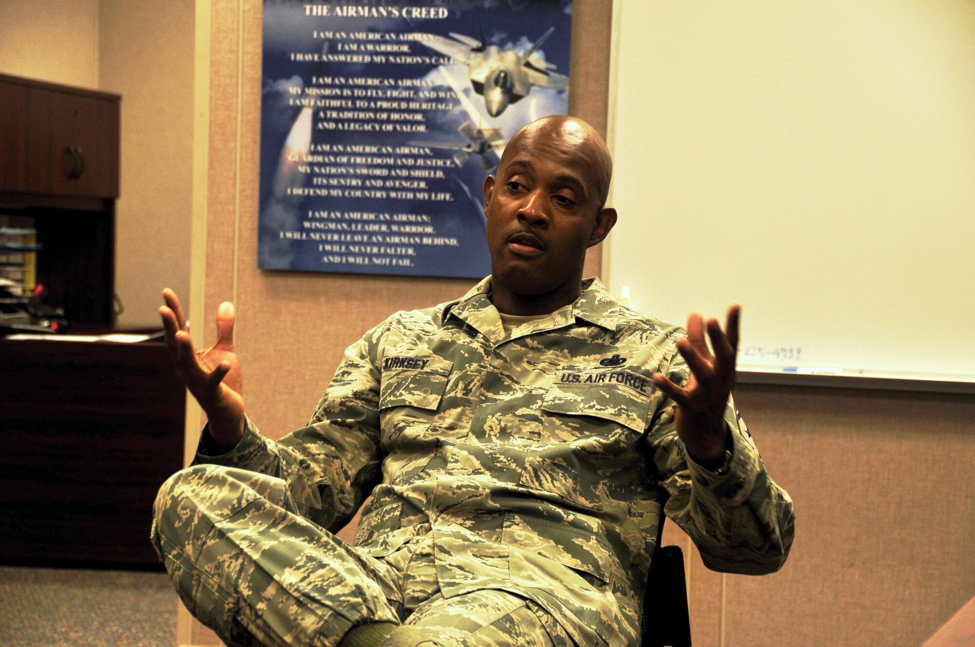 Command Chief Master Sgt. Cameron Kirksey (center front), Air Force Reserve Command, Robins Air Force Base, Georgia, met with Military Training Instructors from the 433rd Training Squadron, July 31, 2014, seeking solutions on how to recruit new Military Training Instructors from the Air Force Reserve and Active Duty. (U.S. Air Force photo by Tech. Sgt. Carlos J. Trevino)