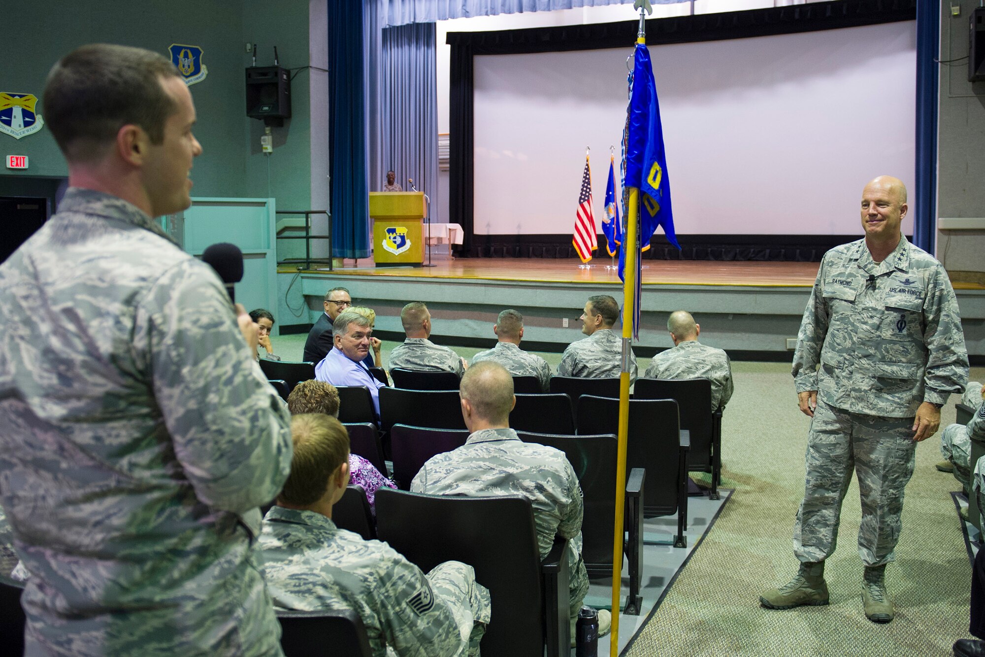 Lt. Gen. Jay Raymond, 14th Air Force (Air Forces Strategic), Air Force Space Command, speaks to Team Patrick-Cape during an all call at Patrick Air Force Base, Florida July 28-29. Raymond and his wife, Mollie, visited several units and gained insight about the facilities and team here. (U.S. Air Force photo/Matthew Jurgens) (Released) 
