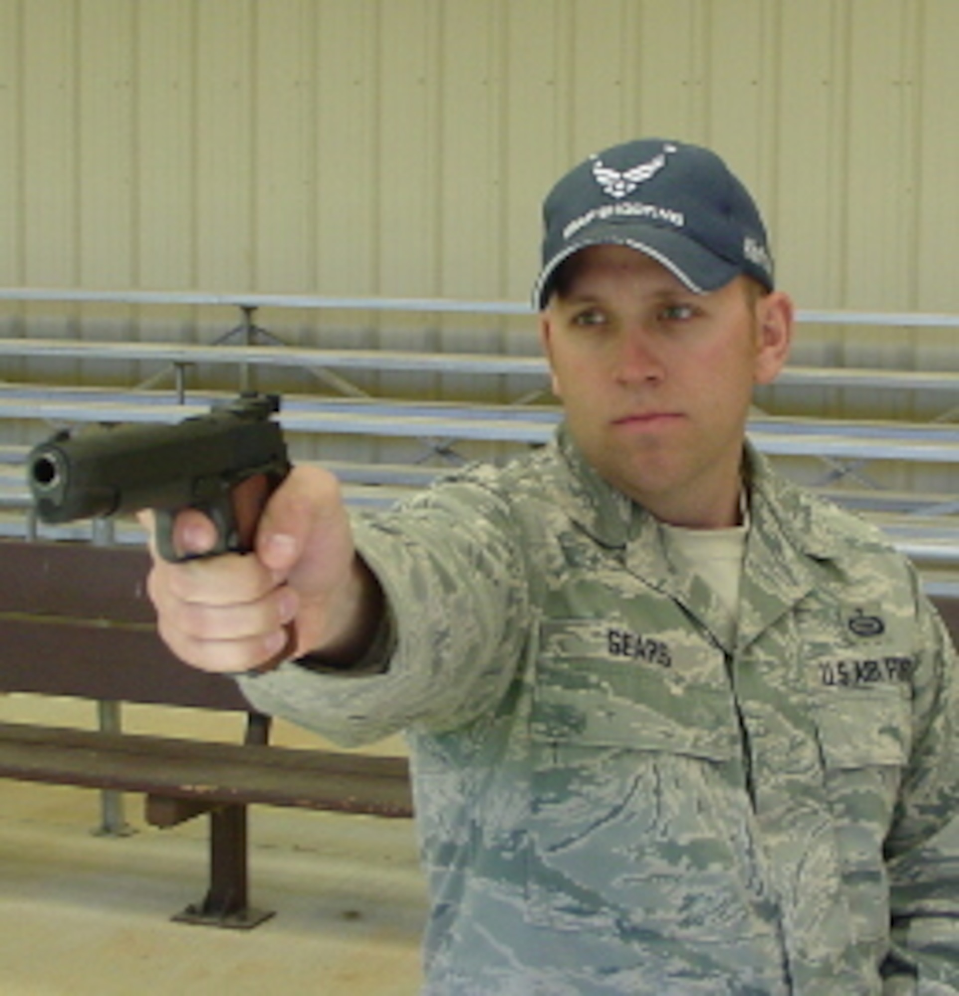 Staff Sgt. Terrence Sears, NCO in charge of the Air Force National Pistol Team, was the winner of the General Curtis LeMay Trophy, given to the top Air Force shooter at the National Pistol Championships in July 2014. (Courtesy photo) 