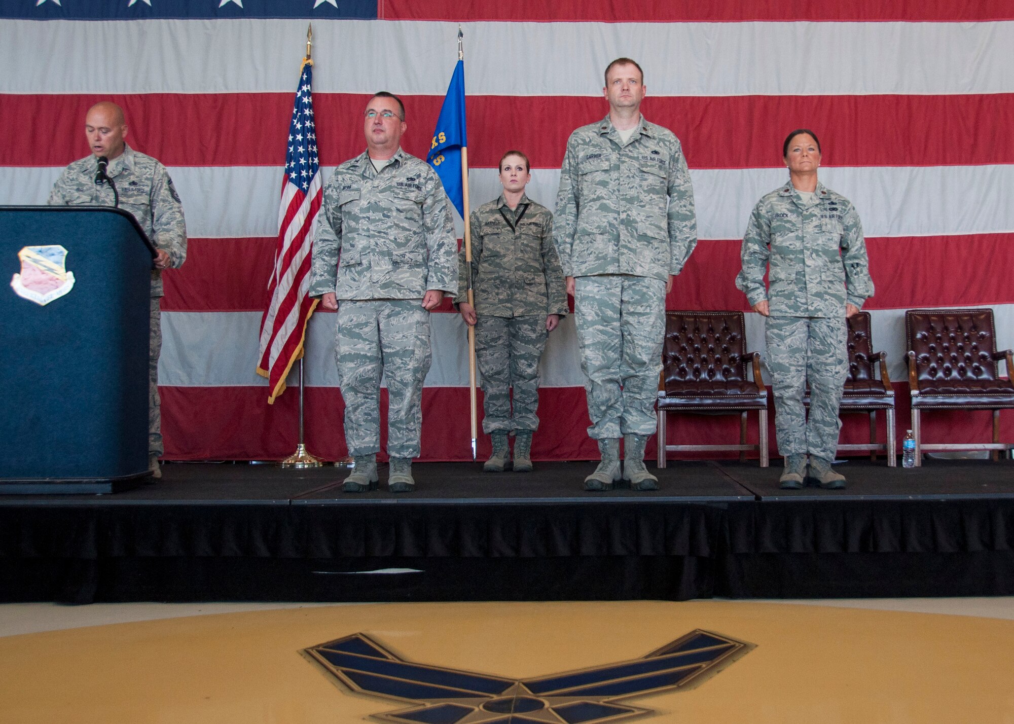Maj. Ronald Carver relinquishes command of the 419th Aircraft Maintenance Squadron and assumes command of the 419th Maintenance Squadron at a ceremony here Aug. 2. Maj. Eileen Frock assumed command of the 419th Aircraft Maintenance Squadron at the same ceremony. (U.S. Air Force photo/Staff Sgt. Crystal Charriere)