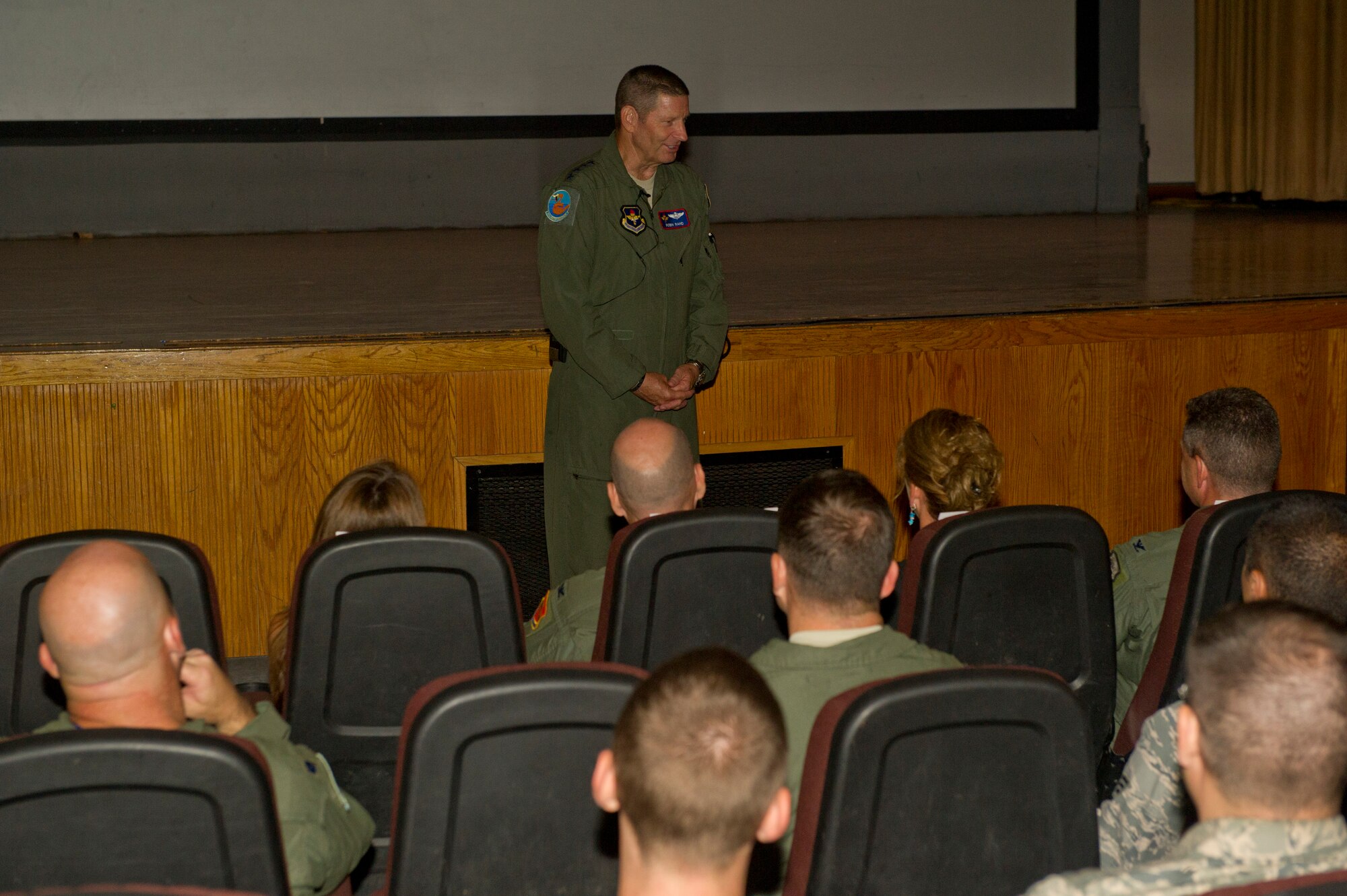 General Robin Rand, Air Education and Training Command commander, addresses members of the 54th Fighter Group at an all-call in the library annex at Holloman Air Force Base, N.M., July 31. Rand has made it a point to see all of the units under his command to learn what he can do to improve the lives and operations of his Airmen. During the all-call Rand addressed the new enlisted performance report, Master Sergeant promotion boards and reduced manning in the Air Force. (U.S. Air Force Photo by Airman 1st Class Chase Cannon/Released)