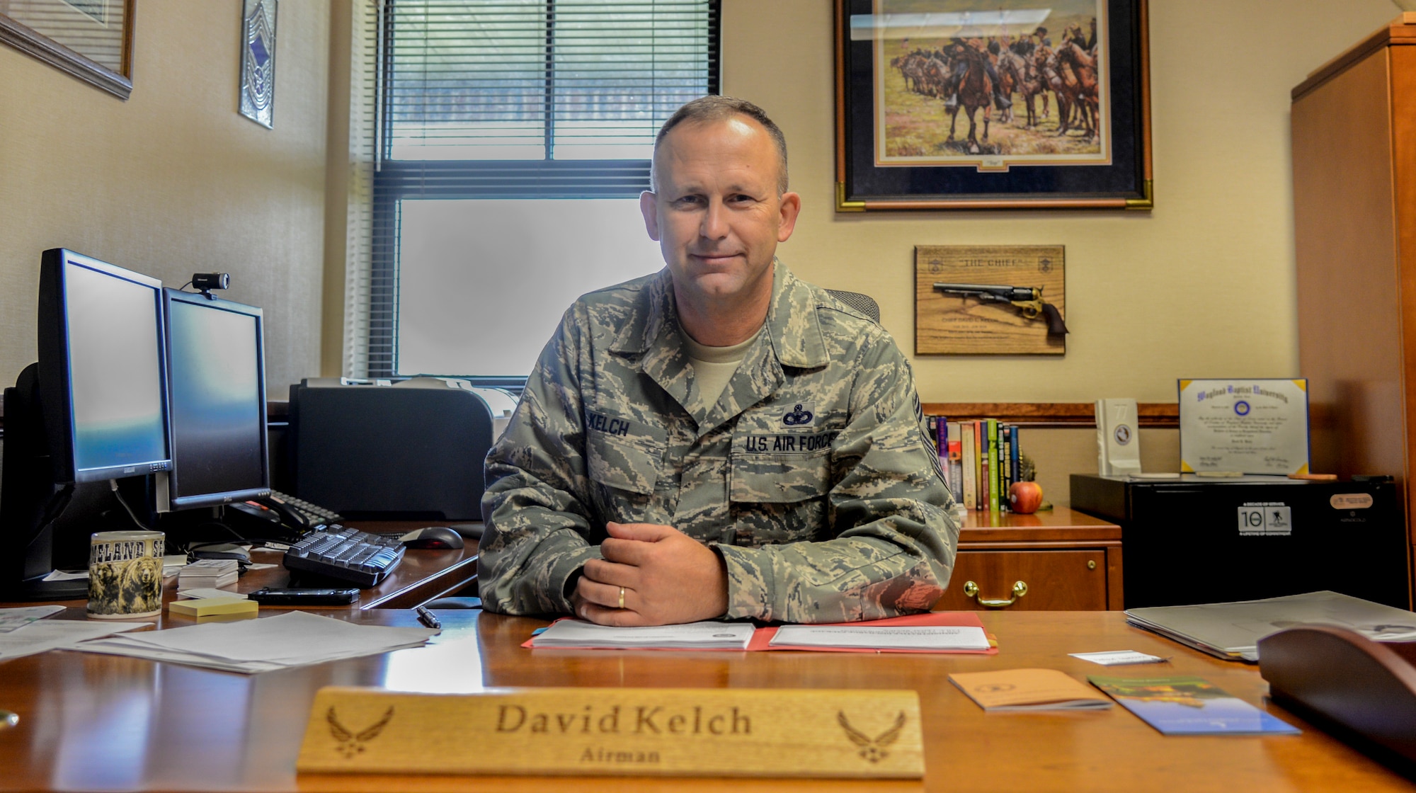U.S. Air Force Chief Master Sgt. David Kelch, 23d Wing command chief, poses for a photo at Moody Air Force Base, Ga., July 31, 2014. In his new role, Kelch advises the wing commander on topics such as military readiness, mission effectiveness, professional development, morale, welfare, training, good order and discipline. He also acts as a liaison between 23d WG personnel and the commander. (U.S. Air Force photo by Airman First Class Sandra Marrero/Released)

