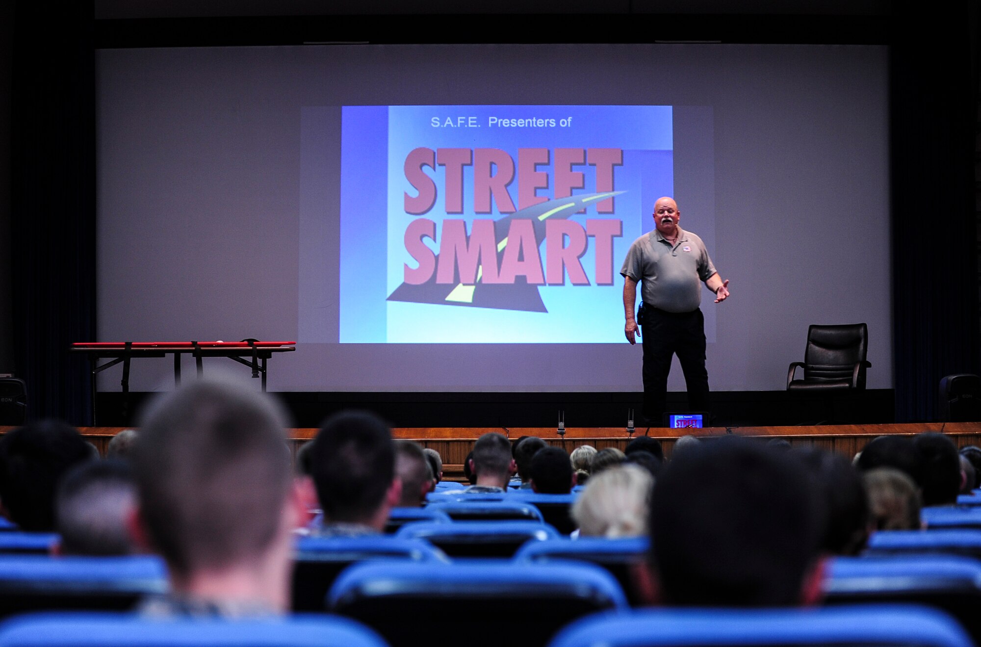 Greg McCarty, Tampa Firefighter and presenter of Street Smart from Florida’s Stay Alive From Education Inc., briefs Airmen that are 26 and under during a Street Smart presentation Aug. 1, 2014, Incirlik Air Base Turkey. The briefing exposed the dangers of driving under the influence of alcohol or drugs, using electronics, not wearing seat belts, and the trauma that can result from these risks. (U.S. Air Force photo by Senior Airman Nicole Sikorski/Released)
