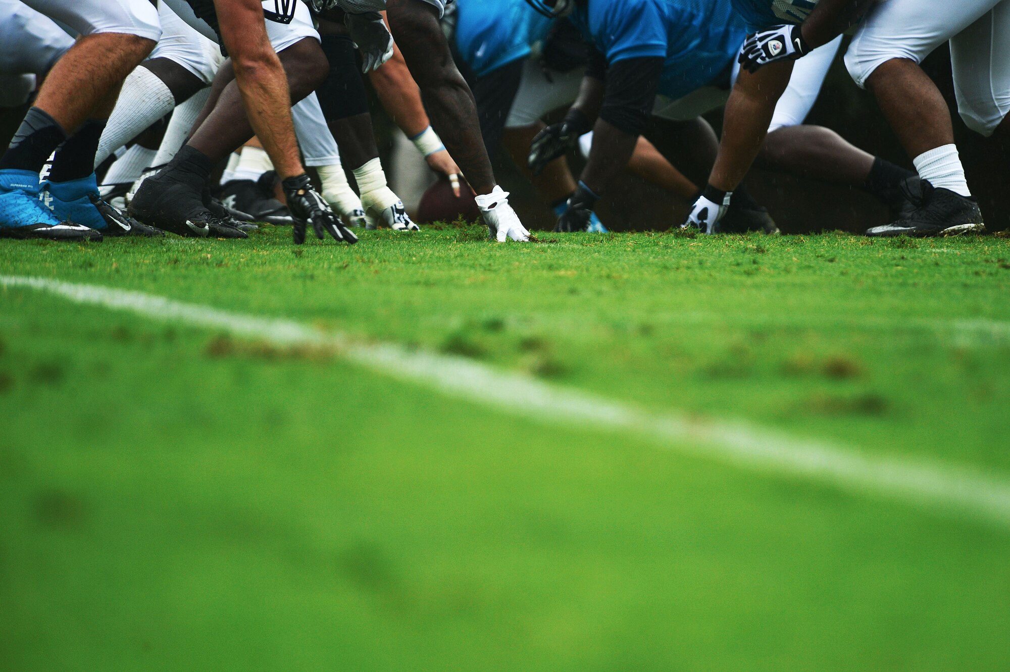 Carolina Panthers football players prepare to run a play during training camp in Spartanburg, S.C., July 31, 2014. During the five-hour practice, Team Shaw members watched the team run drills and practice for their upcoming season. (U.S. Air Force photo by Airman 1st Class Jensen Stidham/Released)