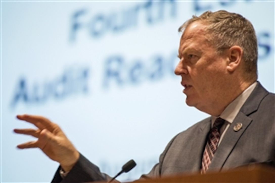 Deputy Defense Secretary Bob Work addresses top Defense Department leaders at the department's 4th Estate Financial Improvement Readiness Conference in Alexandria, Va., Aug. 4, 2014. Work discussed looming budgetary concerns and the overall way ahead for the Defense Department. 