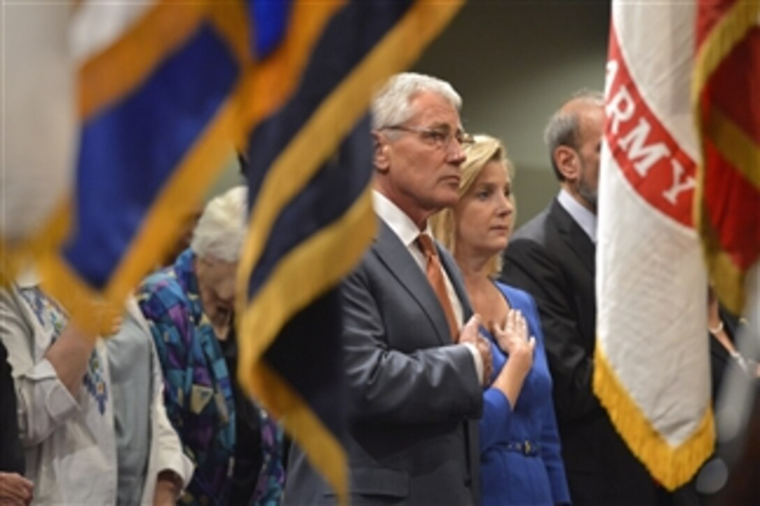 Defense Secretary Chuck Hagel hosts a ceremony to welcome new leaders at the Pentagon, Aug. 4, 2014. The leaders were: Christine E. Wormuth, undersecretary of defense for policy; Michael J. McCord, the department's comptroller; Jamie M. Morin, director of cost assessment and program evaluation; and Jessica L. Wright, undersecretary of defense for personnel and readiness.