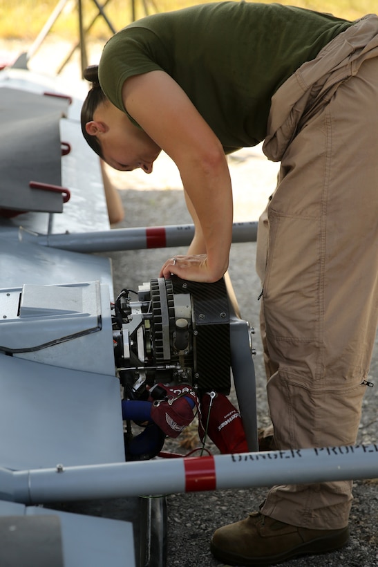 Sgt. Jacqueline J. Shorter checks the engine of an RQ-7B Shadow unmanned aerial vehicle during training at Avon Park Air Force Range, Fla., July 29, 2014. Unmanned Aerial Vehicle Squadron 2 arrived at Avon Park July 28, taking their UAVs to the field to test their aircrafts' abilities in an expeditionary environment. Shorter, a native of Bartow, Fla., is an UAV avionics technician with the squadron.


